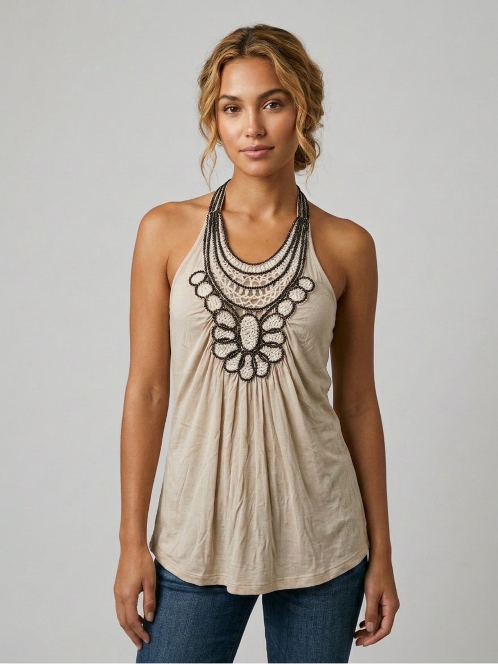 Wet Seal Cream Tunic with Black Beaded Design